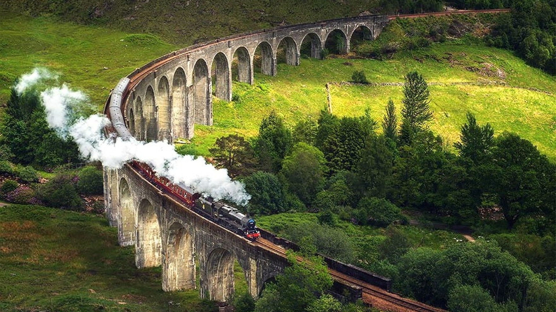 train, smoke, bridge, forest