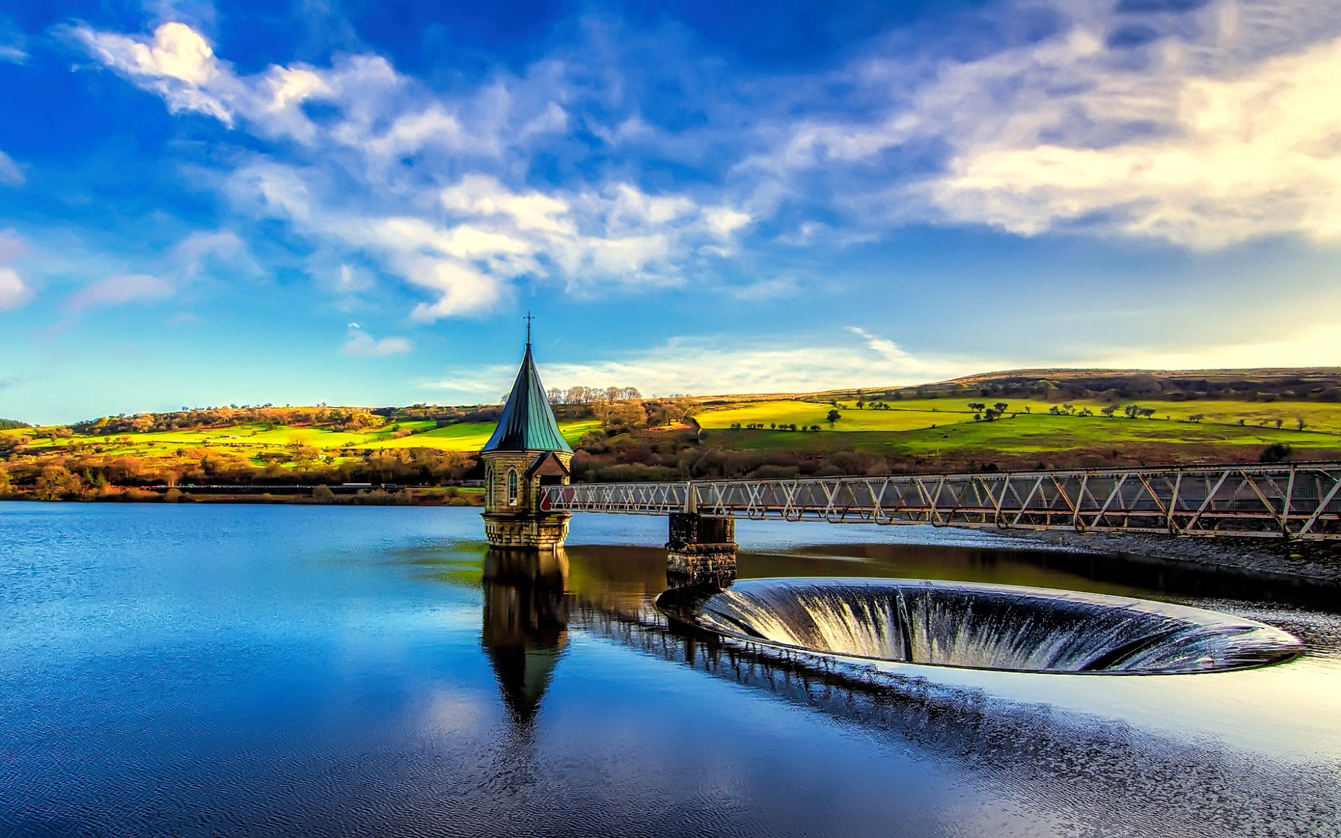 bridge, lake, hills, water