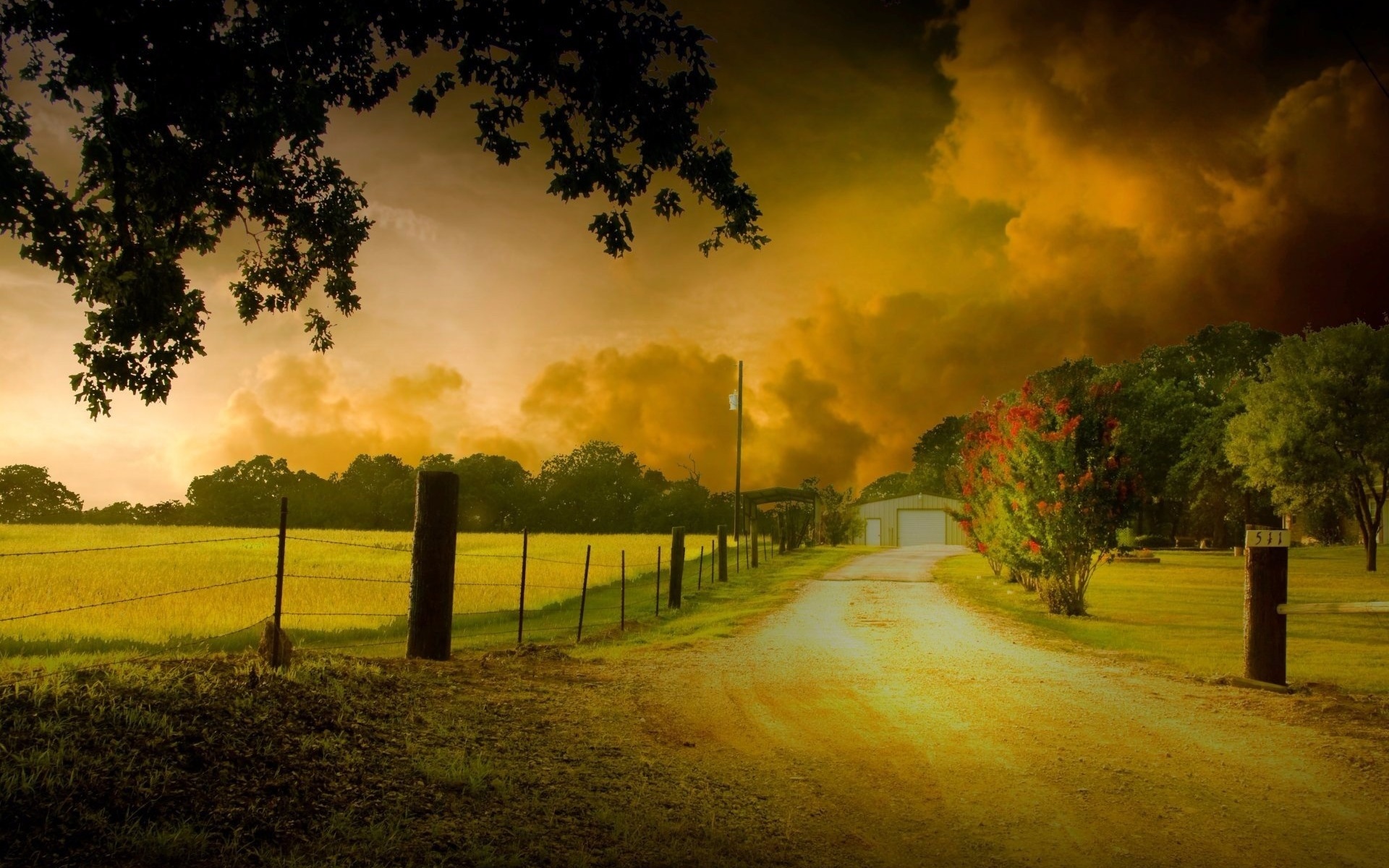 house, clouds, fields, tree, path