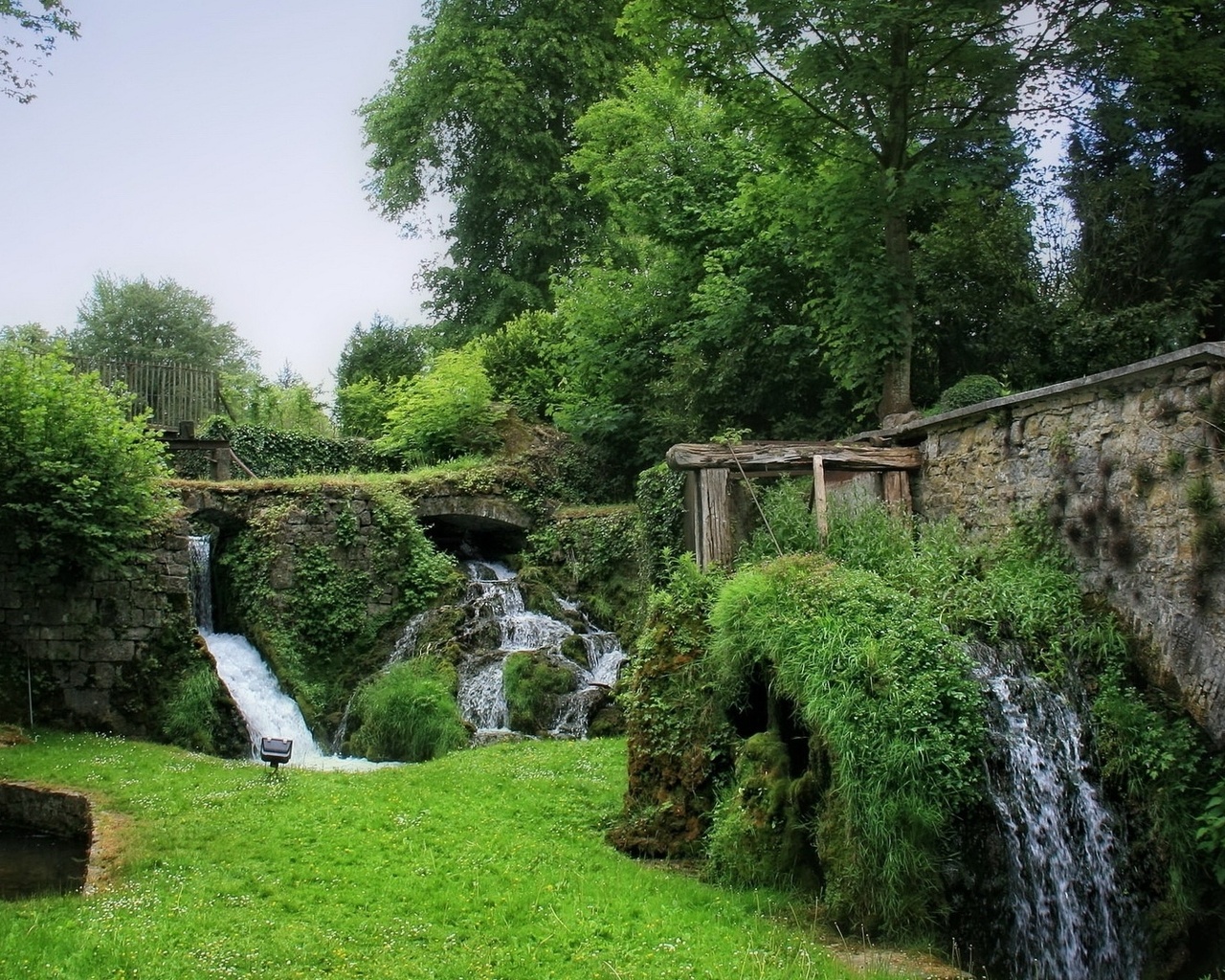 garde, grass, waterfall, water, green