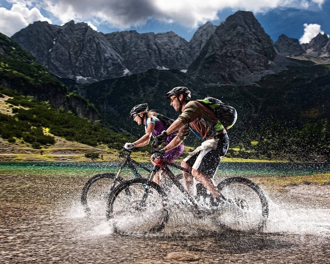 alps, cyclists, water, mountain