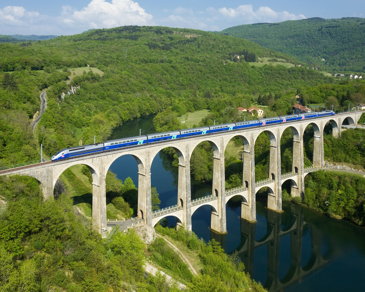 train, bridge, hills, trees