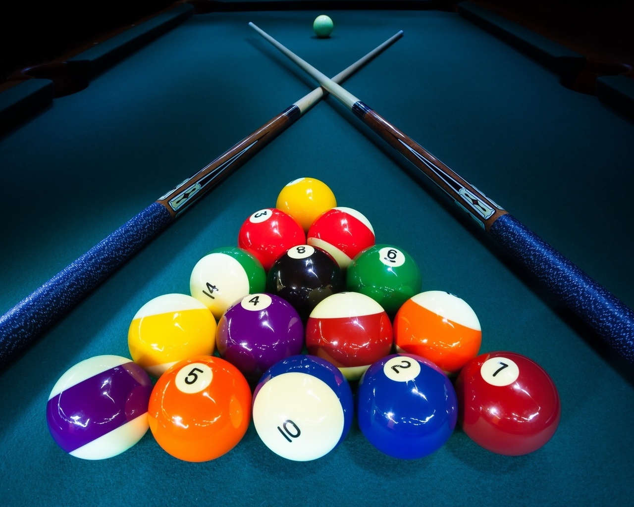 billiard table, balls, pool cue