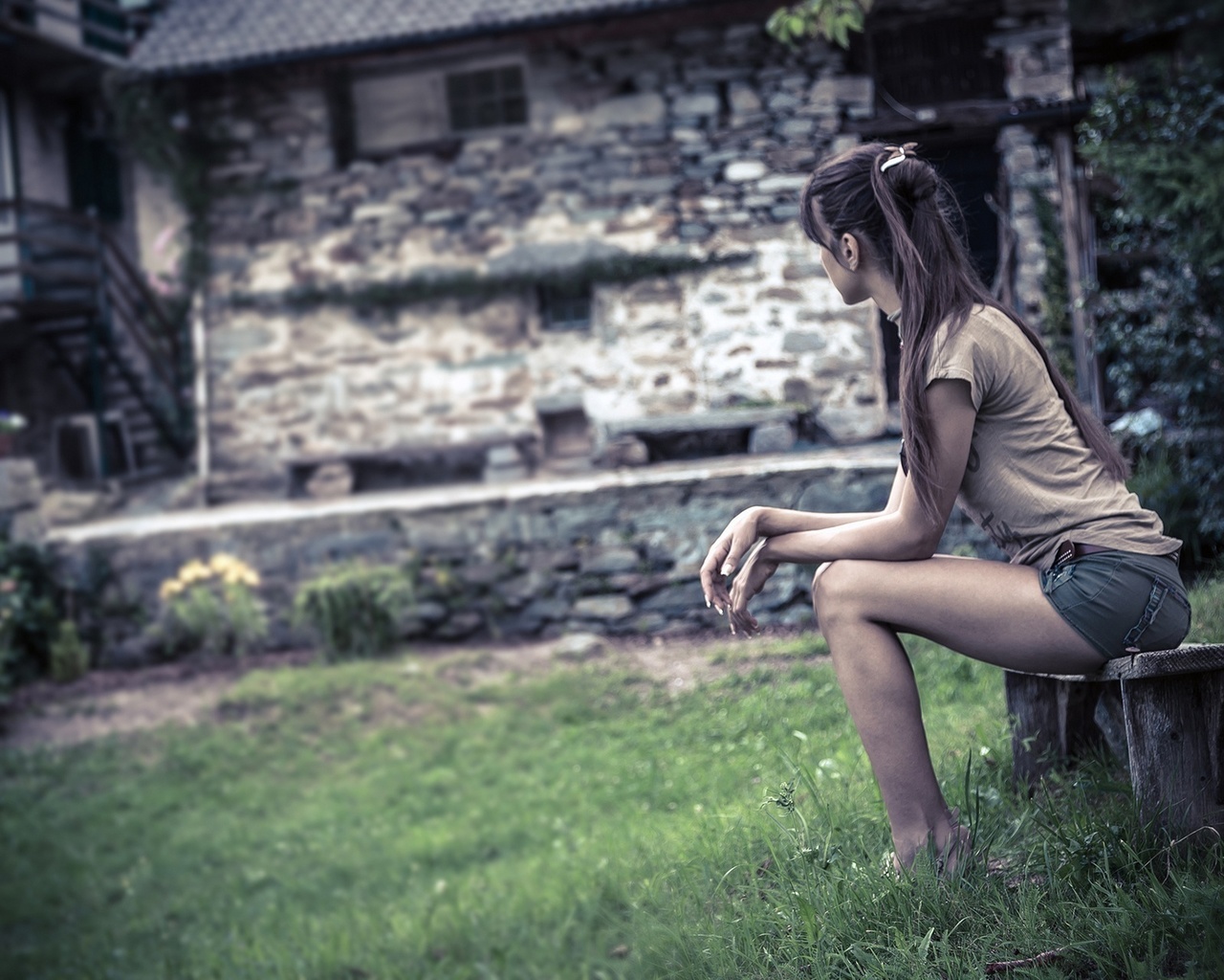 girl, bench, short, old house, , , , 