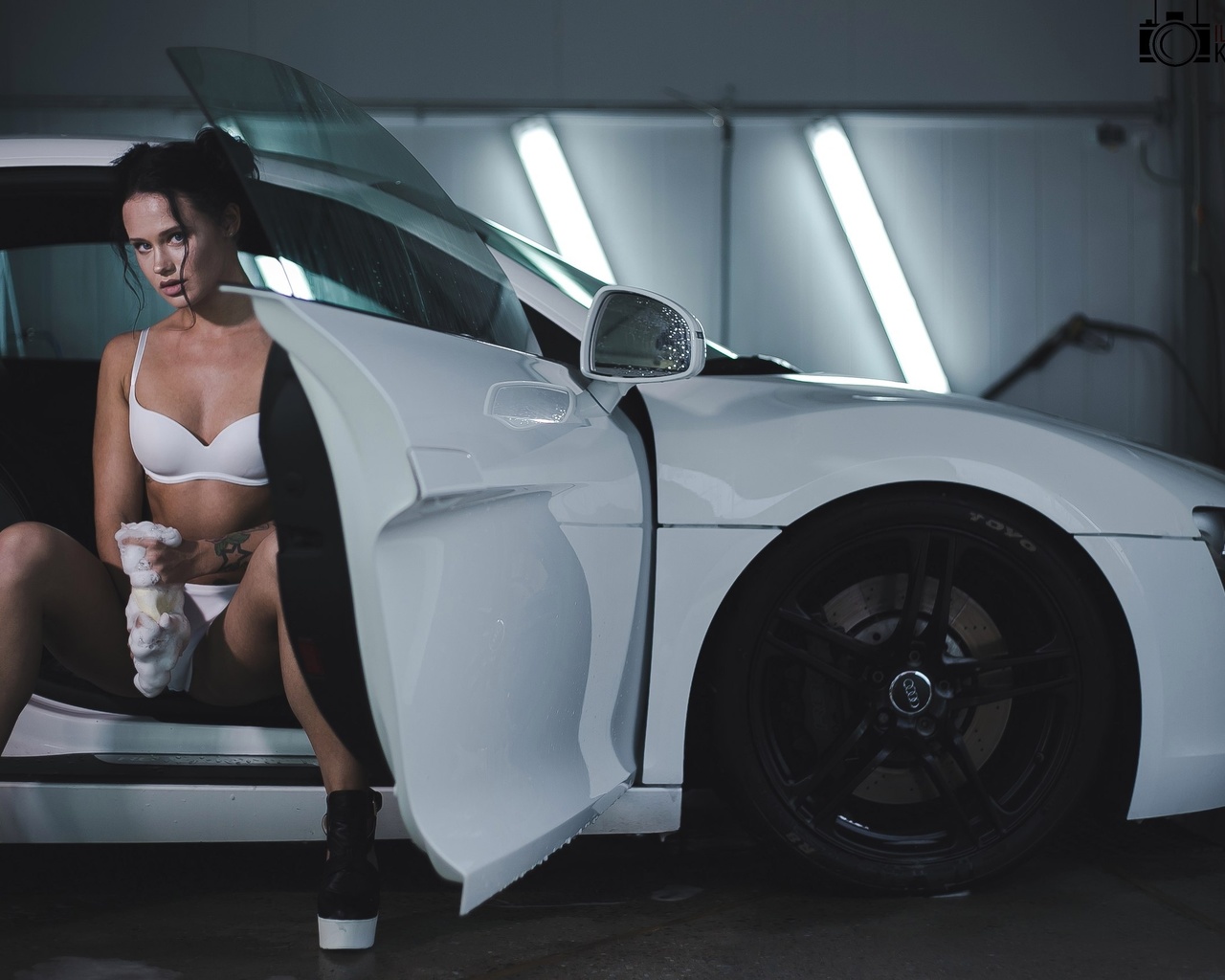 anastasia maslovskaya, women, model, brunette, women with cars, car, white lingerie, tattoos, high heels, sitting, portrait, looking at viewer