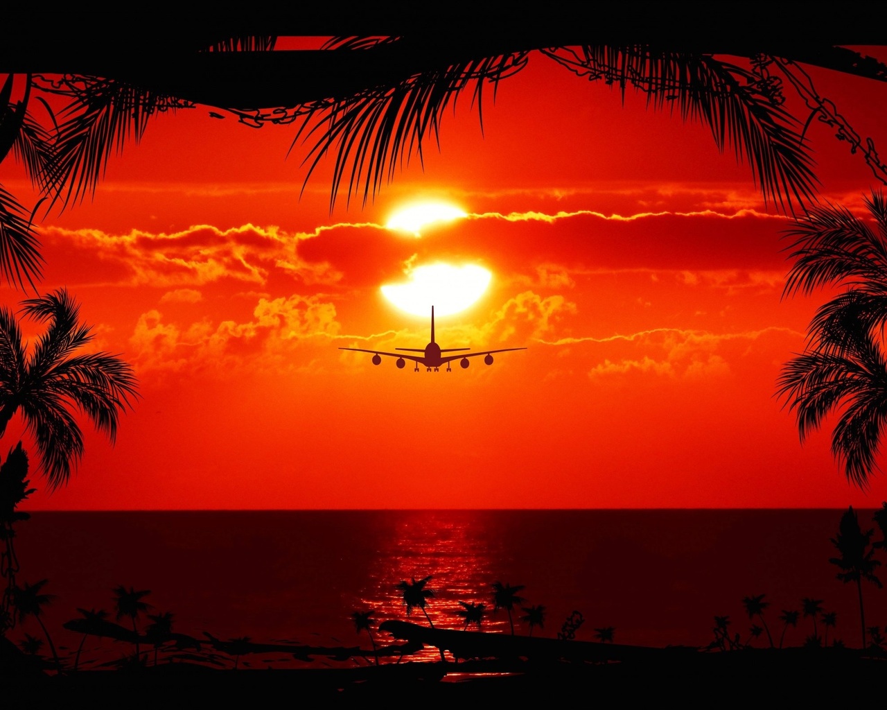 aircraft, sunset, trees, sky, , , , , 