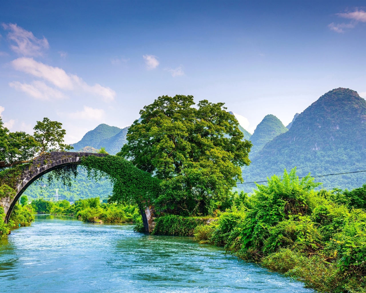 bridge, trees, river, mountains