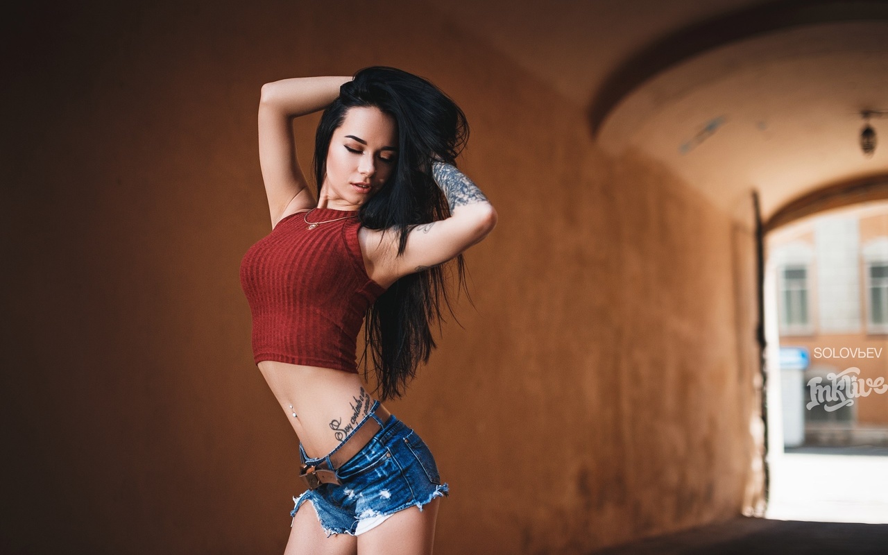 anastasia rozhdestvenskay, women, model, black hair, jean shorts, skinny, long hair, denim, tattoos, portrait, flat belly, armpits, closed eyes, hands on head, pierced navel, , artem solovev