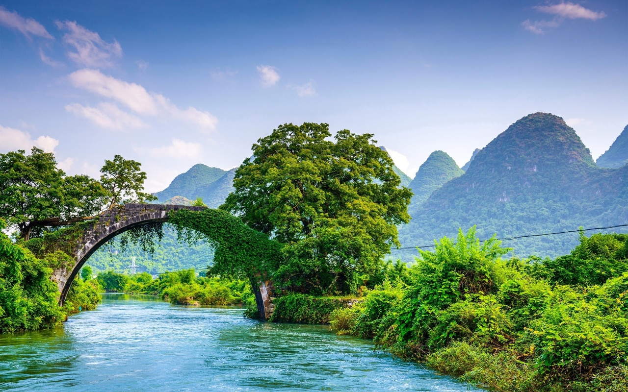 bridge, trees, river, mountains