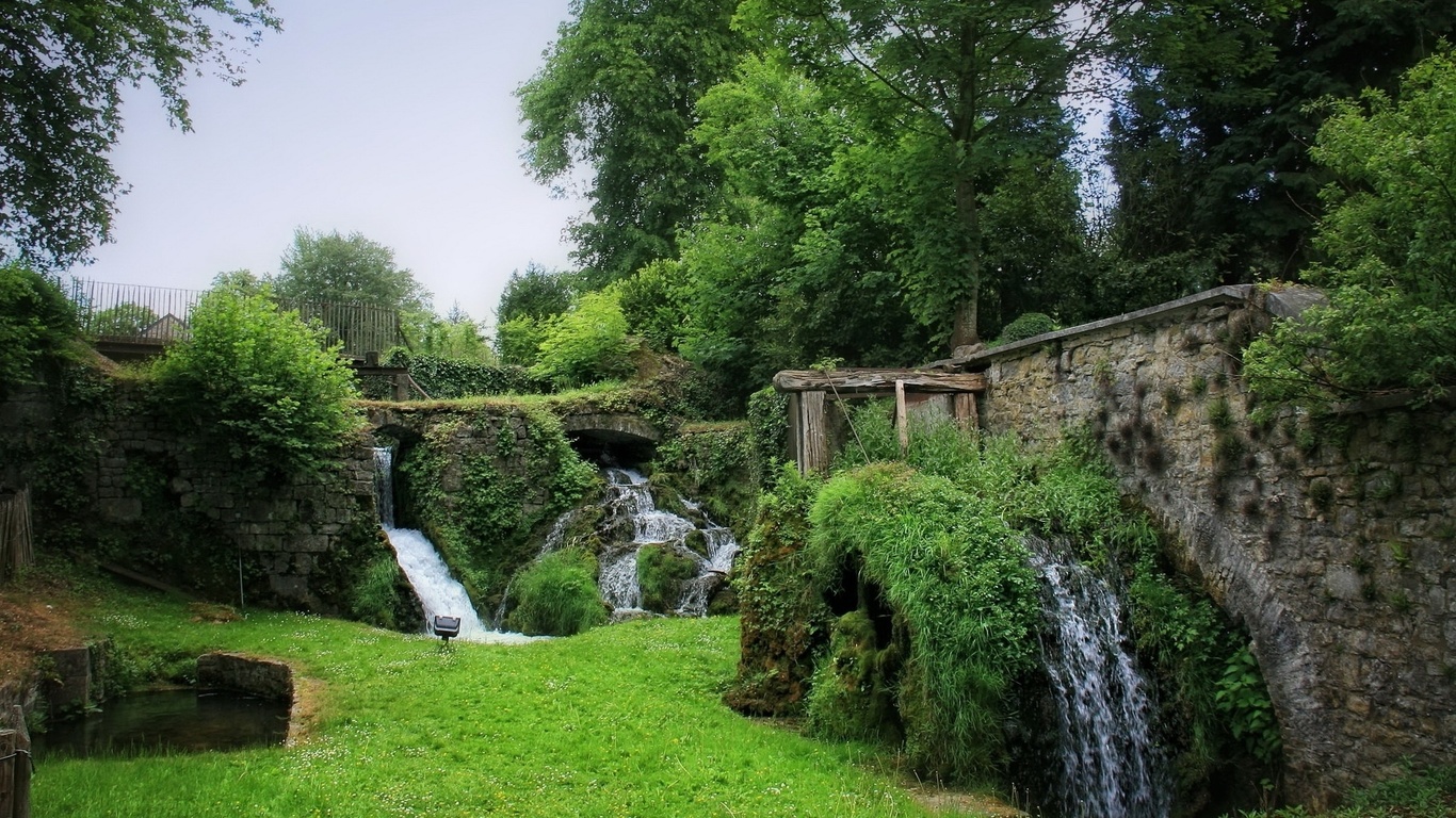 garde, grass, waterfall, water, green