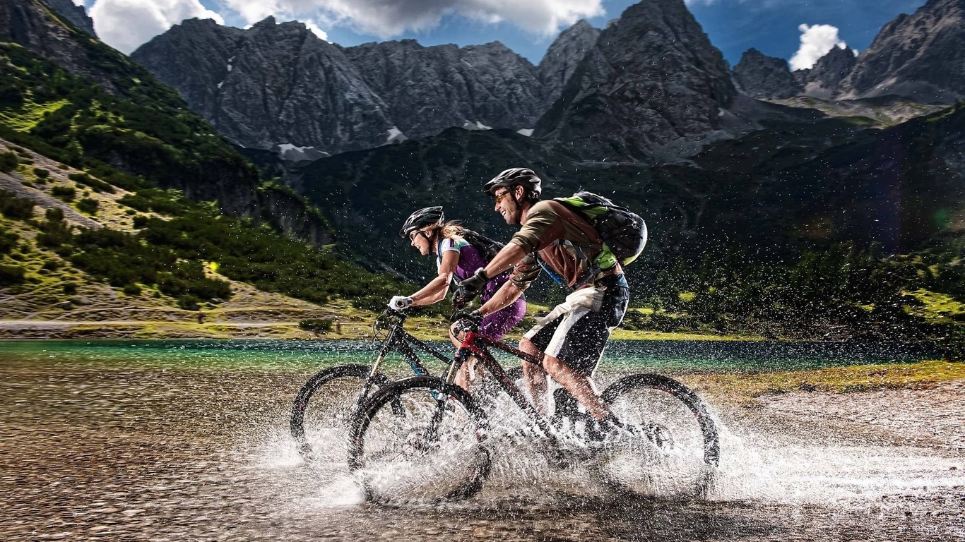 alps, cyclists, water, mountain