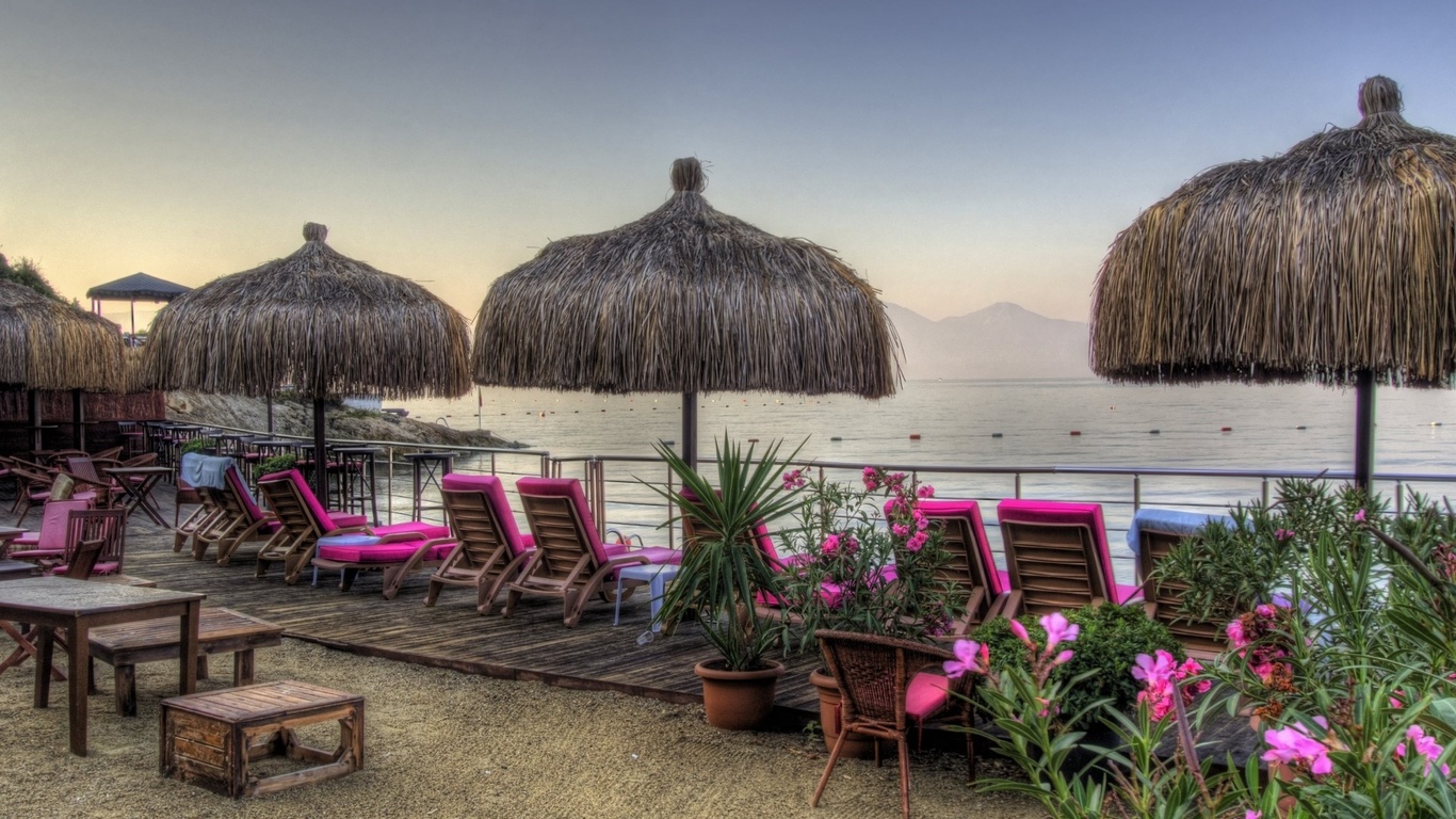 vacation, sea, flowers, huts