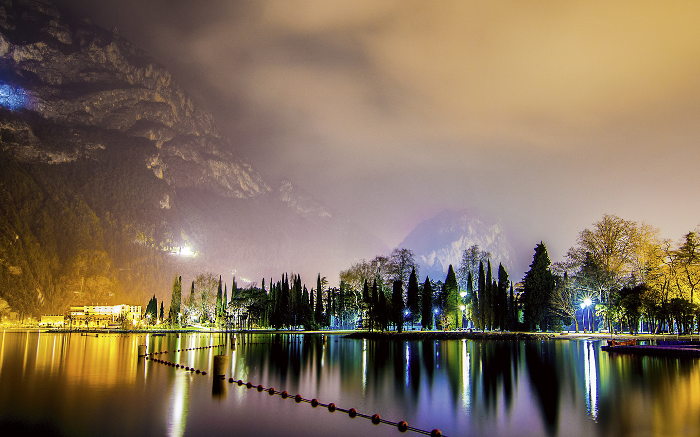 lake, lights, night, village, mountains, reflection, , , , , , 