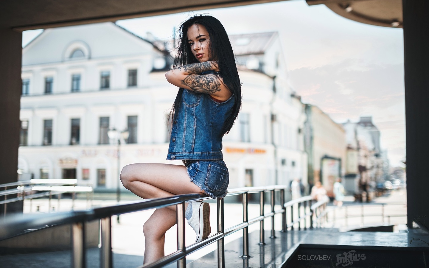 anastasia rozhdestvenskay, women, model, black hair, ass, sitting, jean shorts, skinny, long hair, denim, tattoos, portrait, looking at viewer, sneakers, sensual gaze, pierced nose, , artem solovev