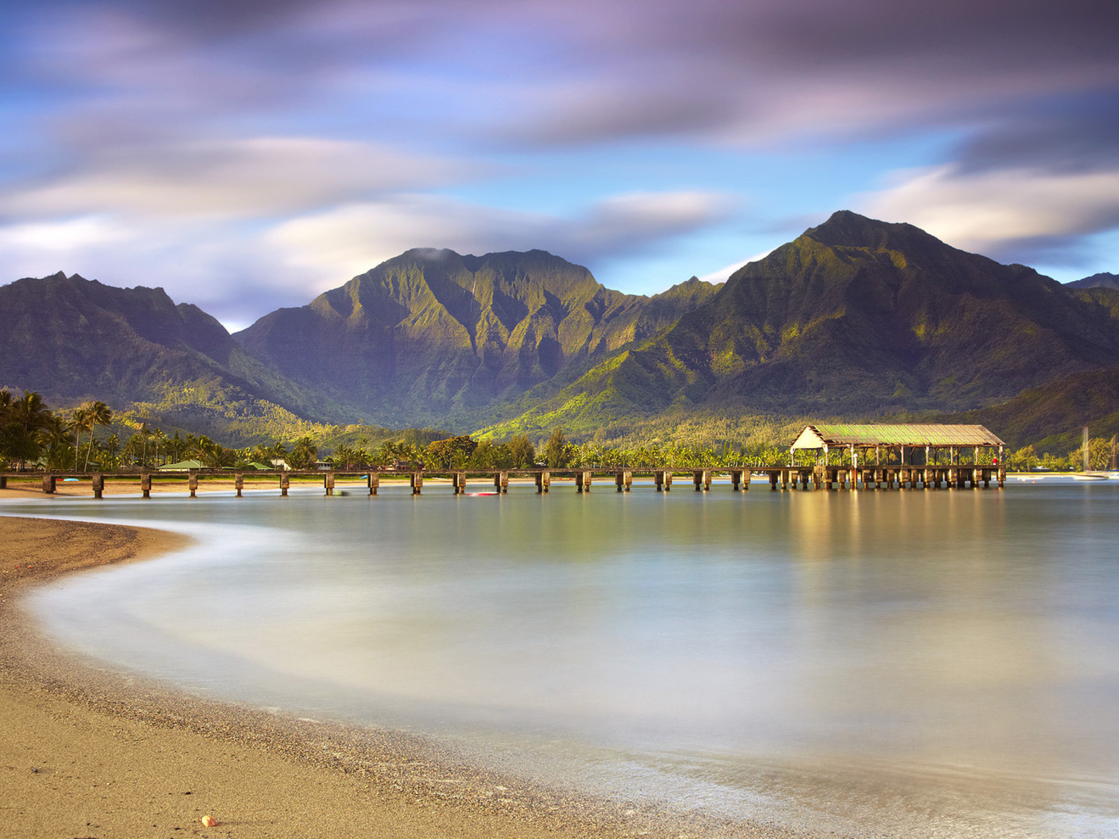 jetty, mountains, ocean, trees