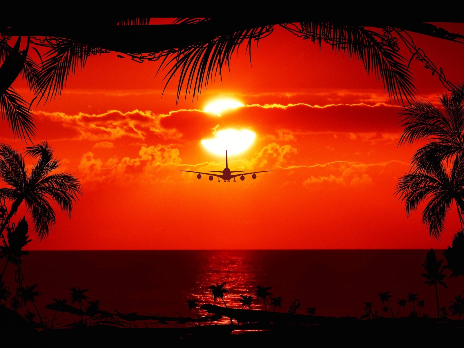 aircraft, sunset, trees, sky, , , , , 