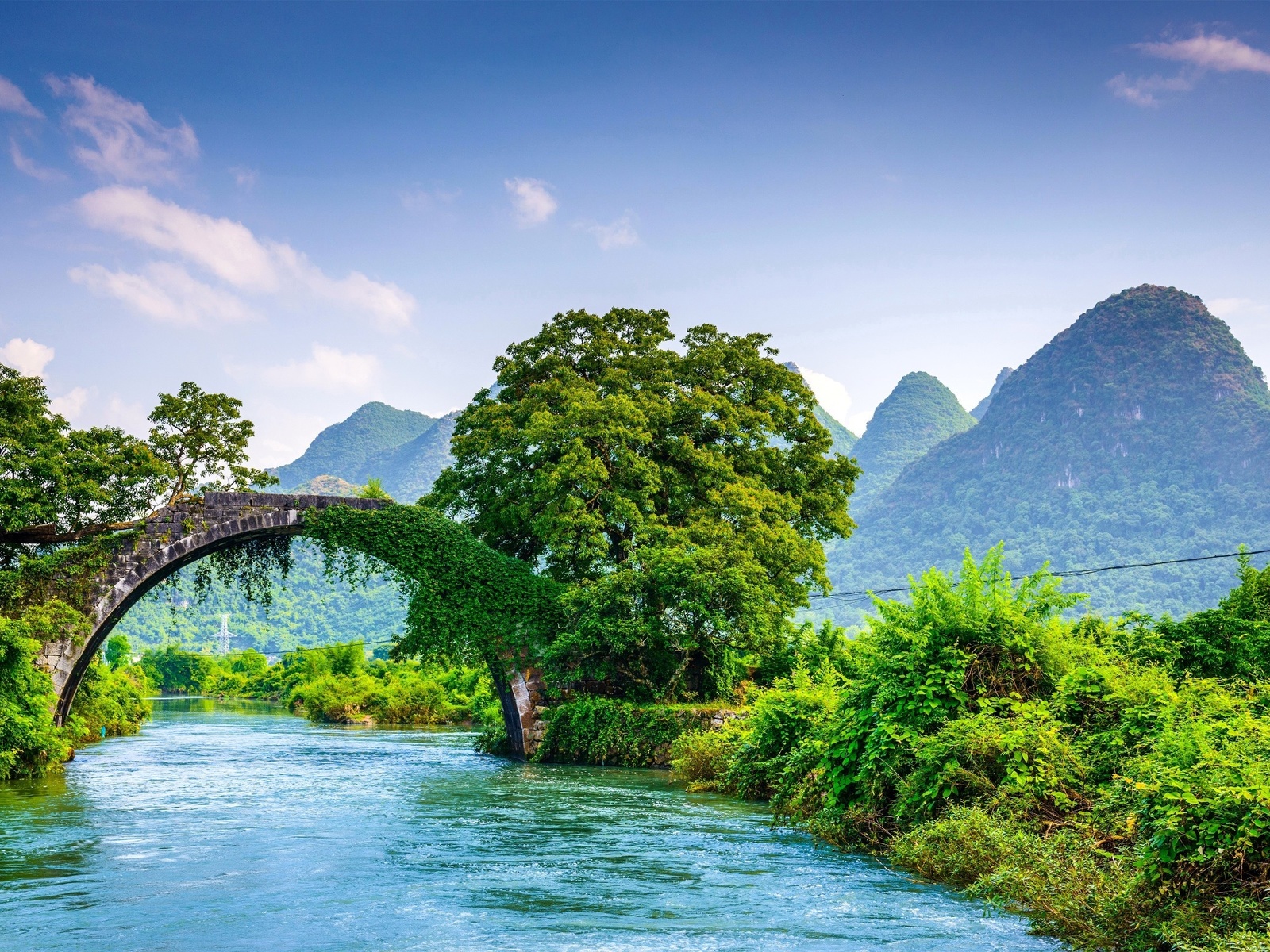 bridge, trees, river, mountains