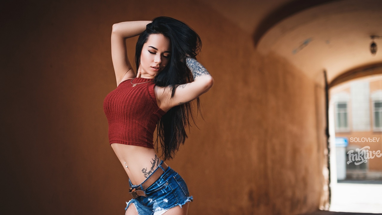 anastasia rozhdestvenskay, women, model, black hair, jean shorts, skinny, long hair, denim, tattoos, portrait, flat belly, armpits, closed eyes, hands on head, pierced navel, , artem solovev