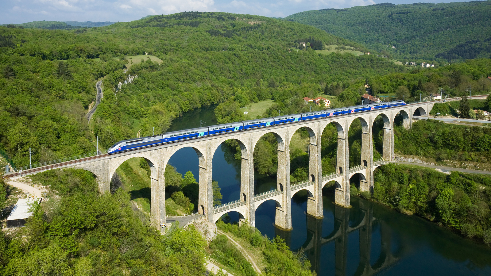 train, bridge, hills, trees