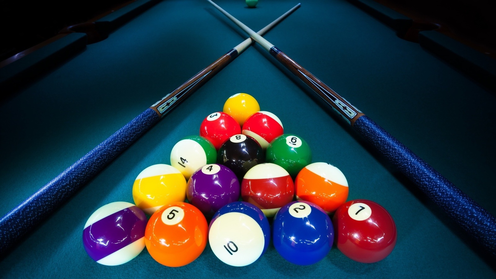 billiard table, balls, pool cue