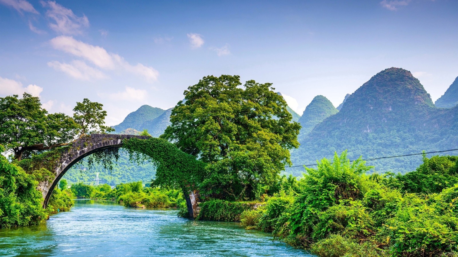 bridge, trees, river, mountains