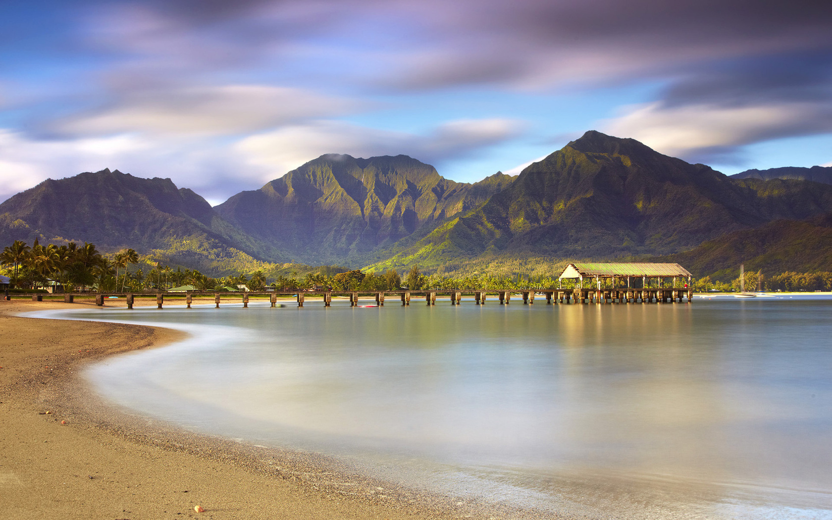 jetty, mountains, ocean, trees