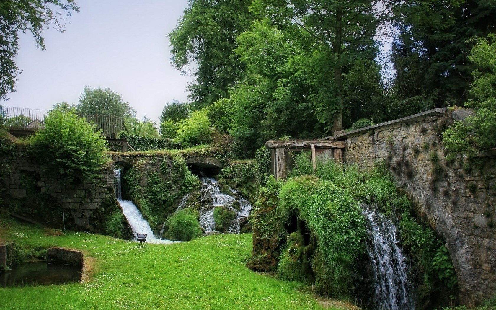 garde, grass, waterfall, water, green