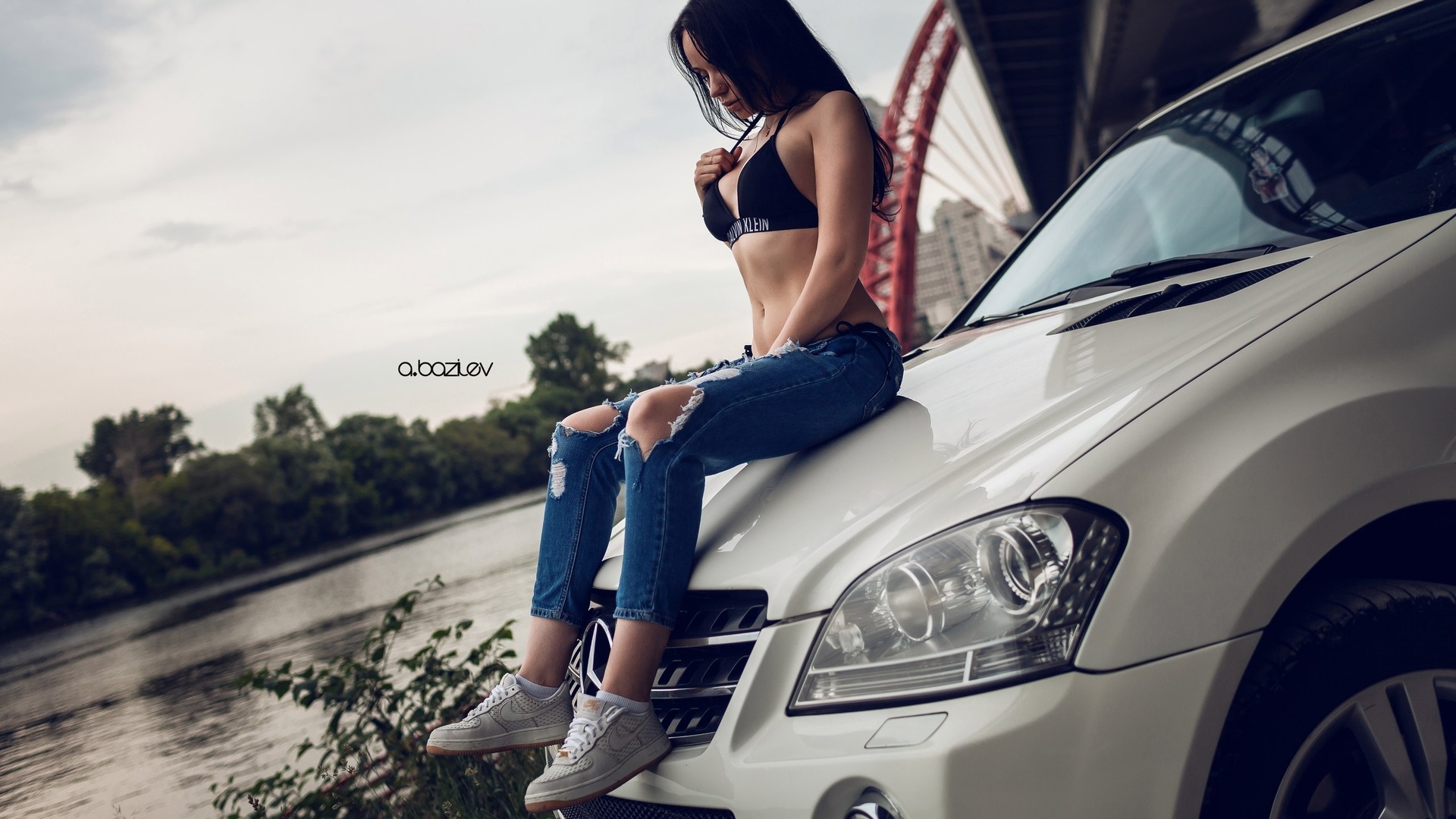 women, model, car, pants, bikini, river, torn jeans, bikini top, sitting, sneakers, black hair, women outdoors, brunette, alex bazilev