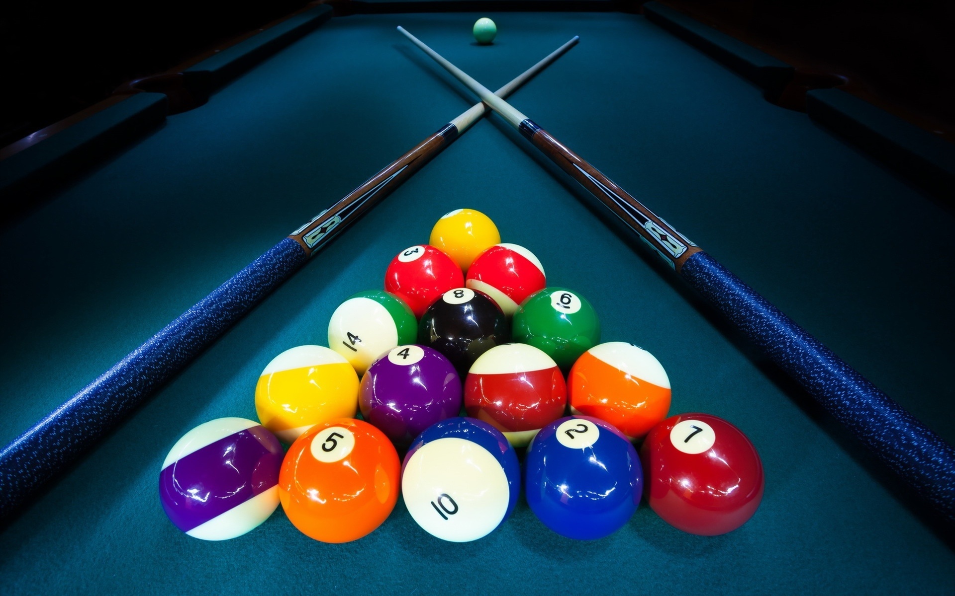 billiard table, balls, pool cue