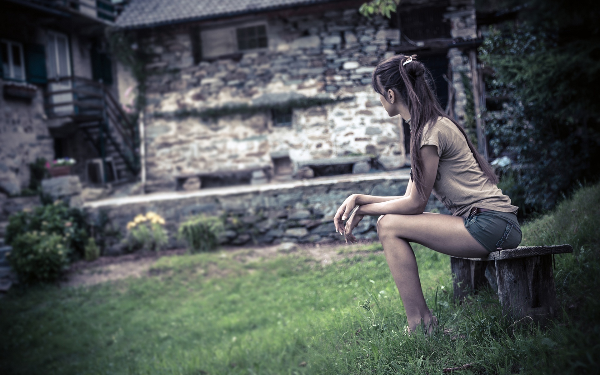 girl, bench, short, old house, , , , 