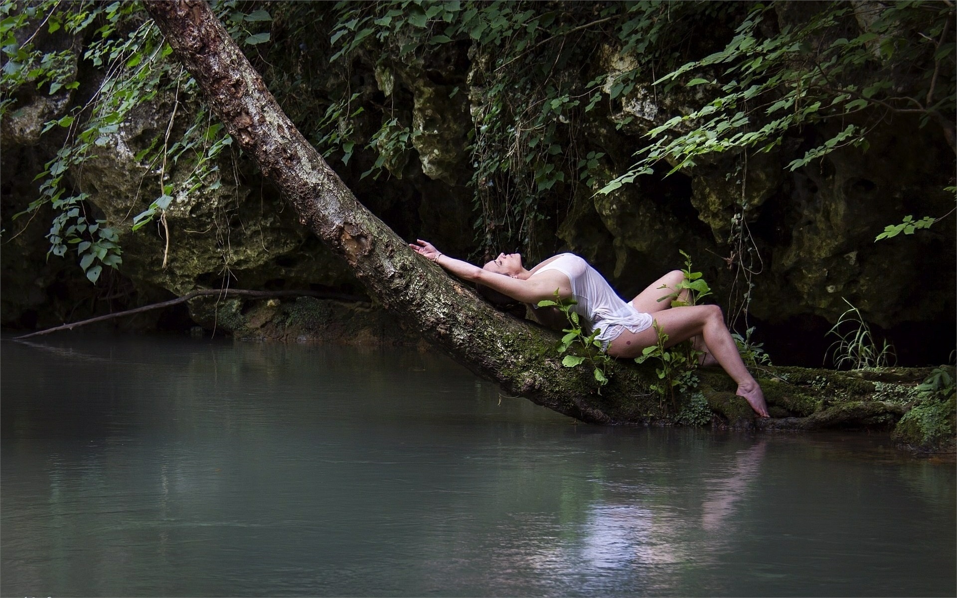 girl, resting, tree, river, , , , , , 