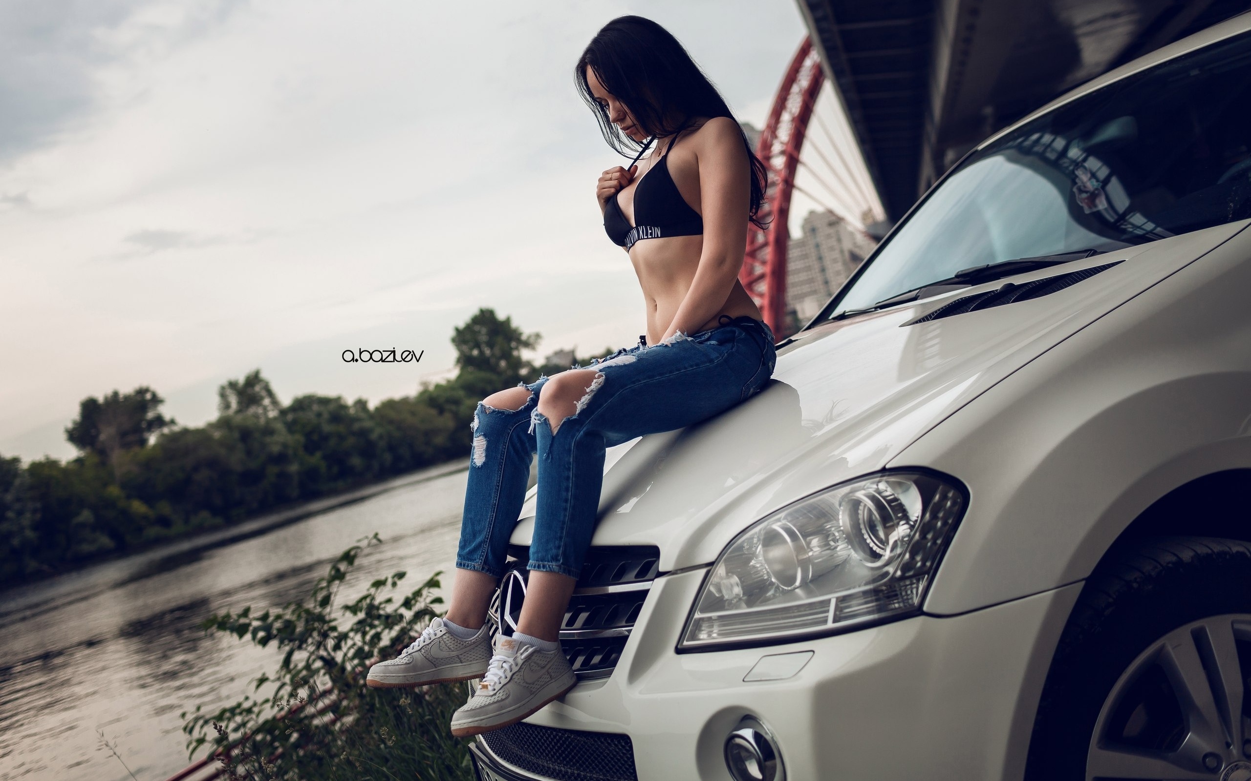 women, model, car, pants, bikini, river, torn jeans, bikini top, sitting, sneakers, black hair, women outdoors, brunette, alex bazilev