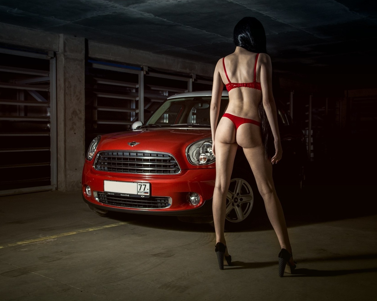 maria yudina, women, ass, back, high heels, red lingerie, car, mini cooper, long hair