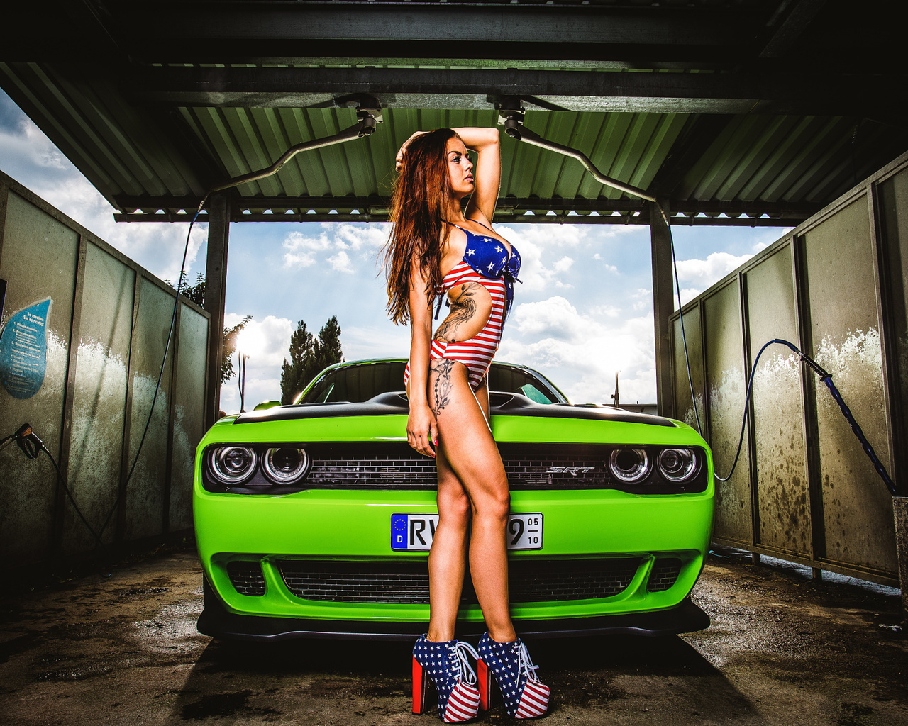 women, brunette, hands on head, high heels, tattoos, car, dodge challenger hellcat, one-piece swimsuit, looking away, red nails