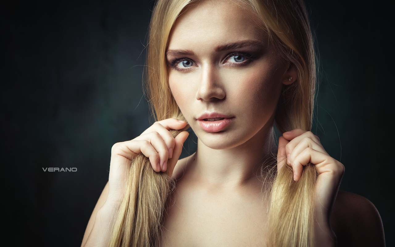 yulia vasilieva, women, models, traight hair, long hair, portrait, simple background, blue eyes, ponytail, nikolas verano