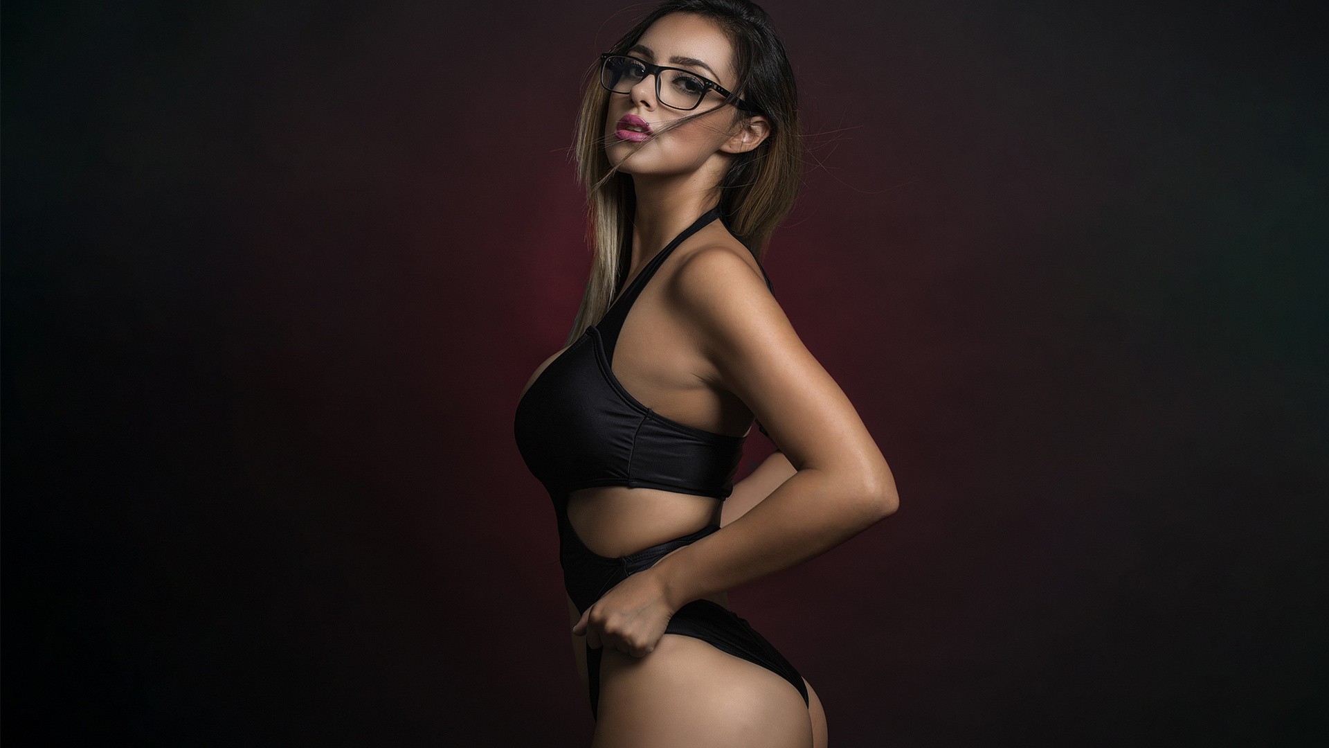 women, one-piece, ass, brunette, simple background, glasses, women with glasses, looking at viewer, , , , ,  , , , , dulce soltero