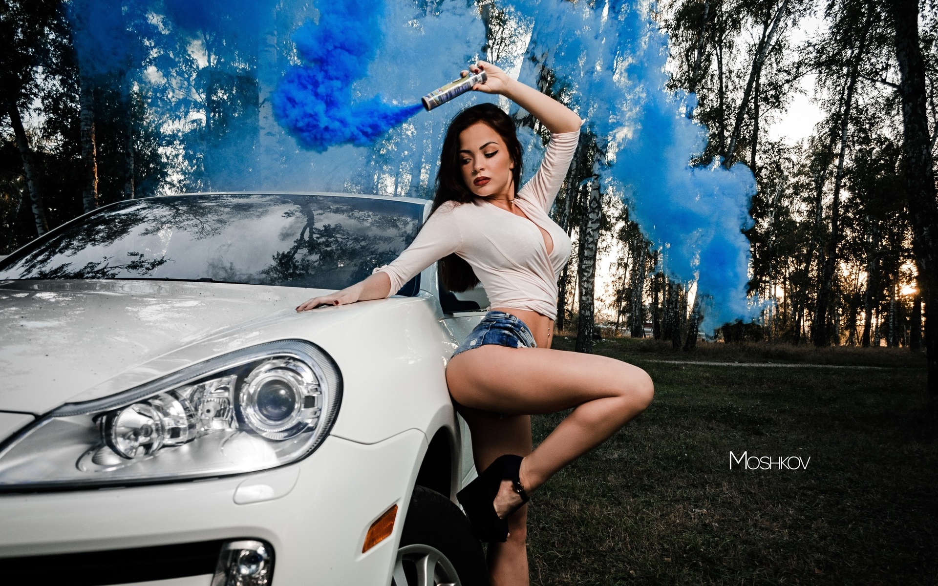 women, jean shorts, ass, car, smoke, women outdoors, grass, trees, cleavage, arms up, belly, nose rings, pierced navel, portrait