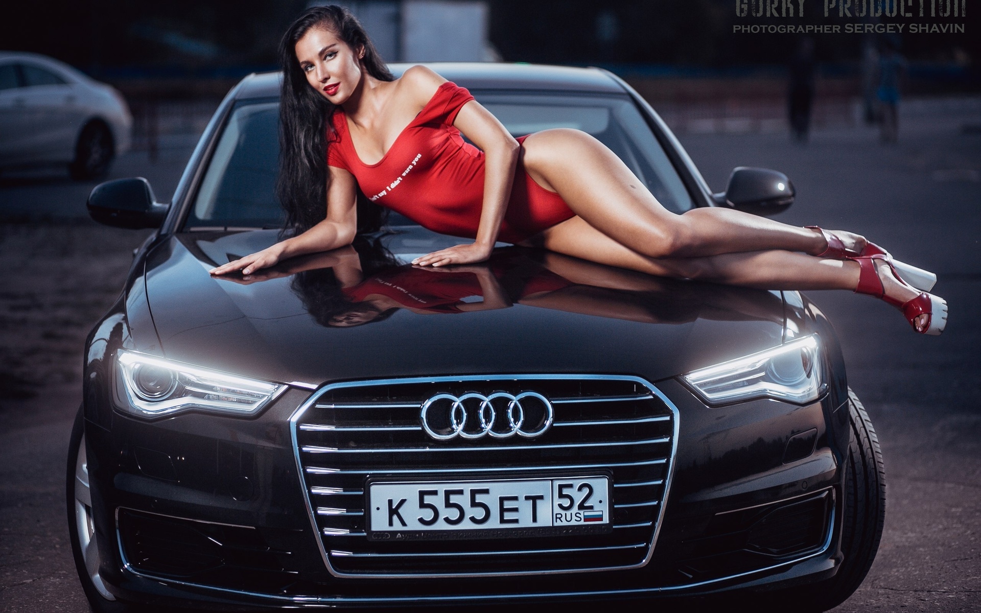 yulia chekanova, women, hips, one-piece, car, high heels, brunette, women outdoors, black hair, long hair, sergey shavin