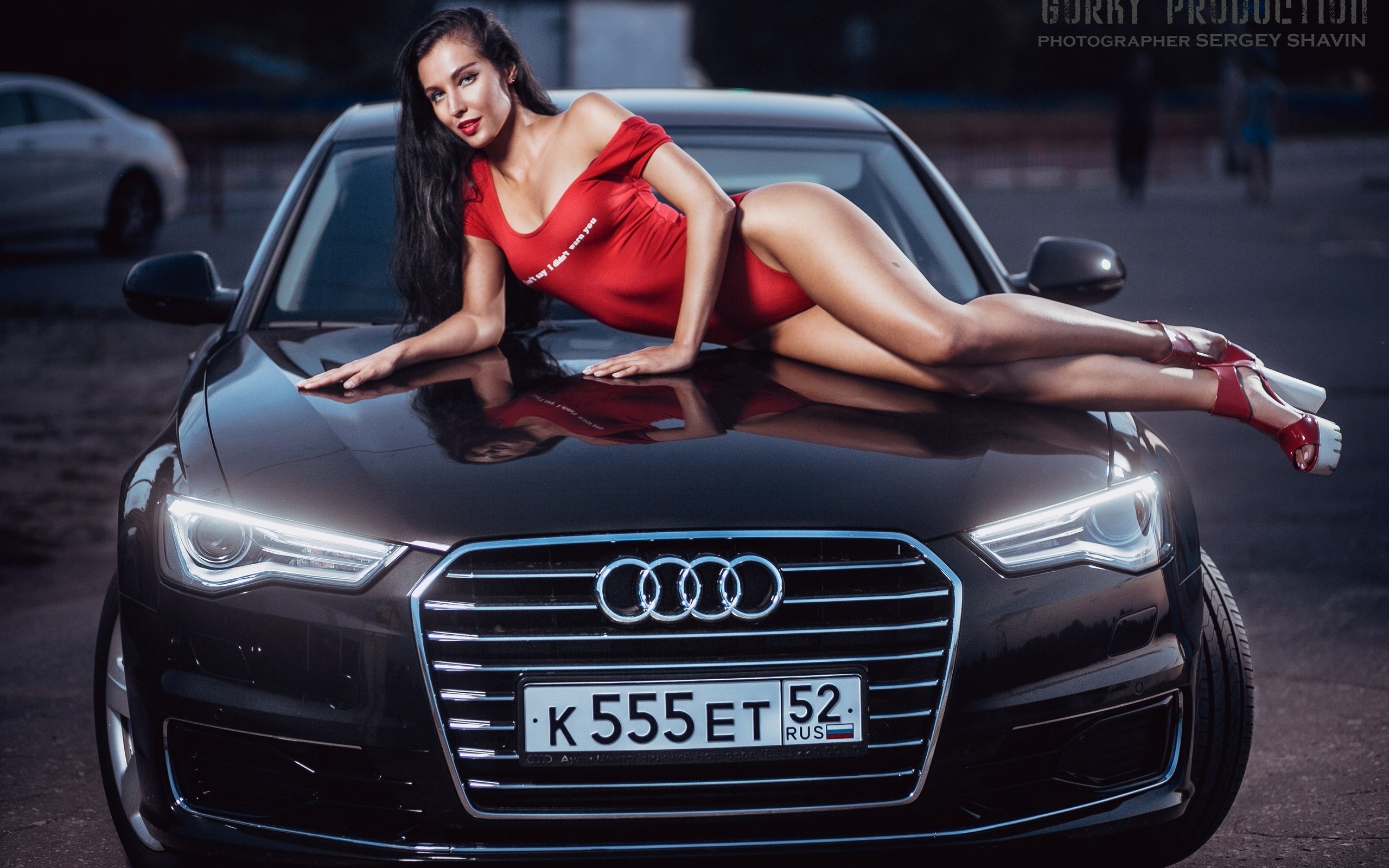 yulia chekanova, women, hips, one-piece, car, high heels, brunette, women outdoors, black hair, long hair, sergey shavin