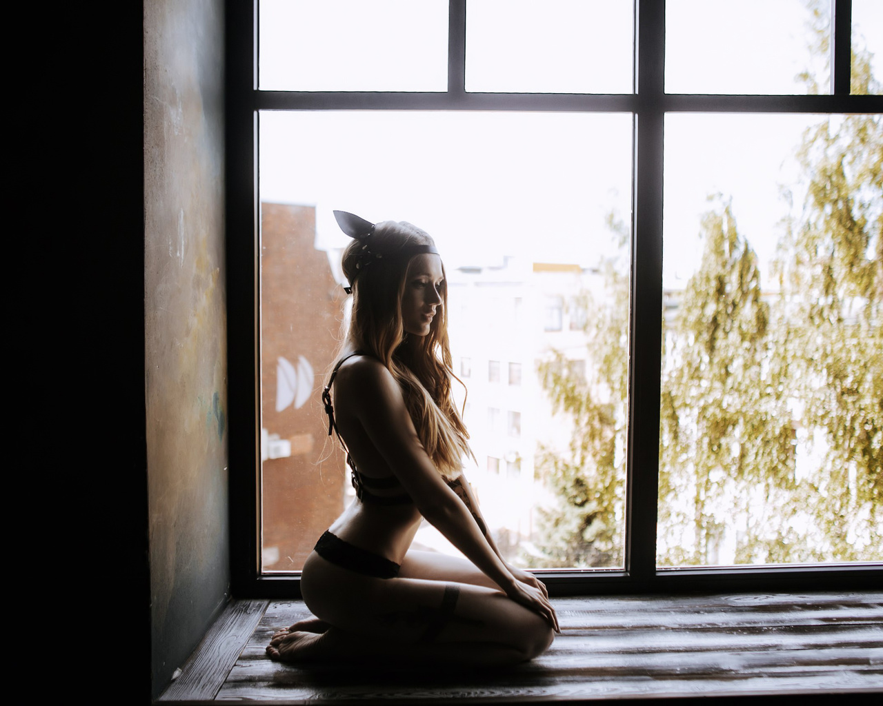 taniashka vasilisimusovna, women, blonde, headband, ass, window, wooden surface, long hair, kneeling, tattoos, looking away, black lingerie