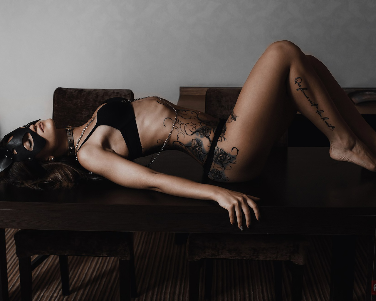 women, mask, black lingerie, tattoos, arched back, tablechair, closed eyes, belly, ass, brunette, andrey popenko