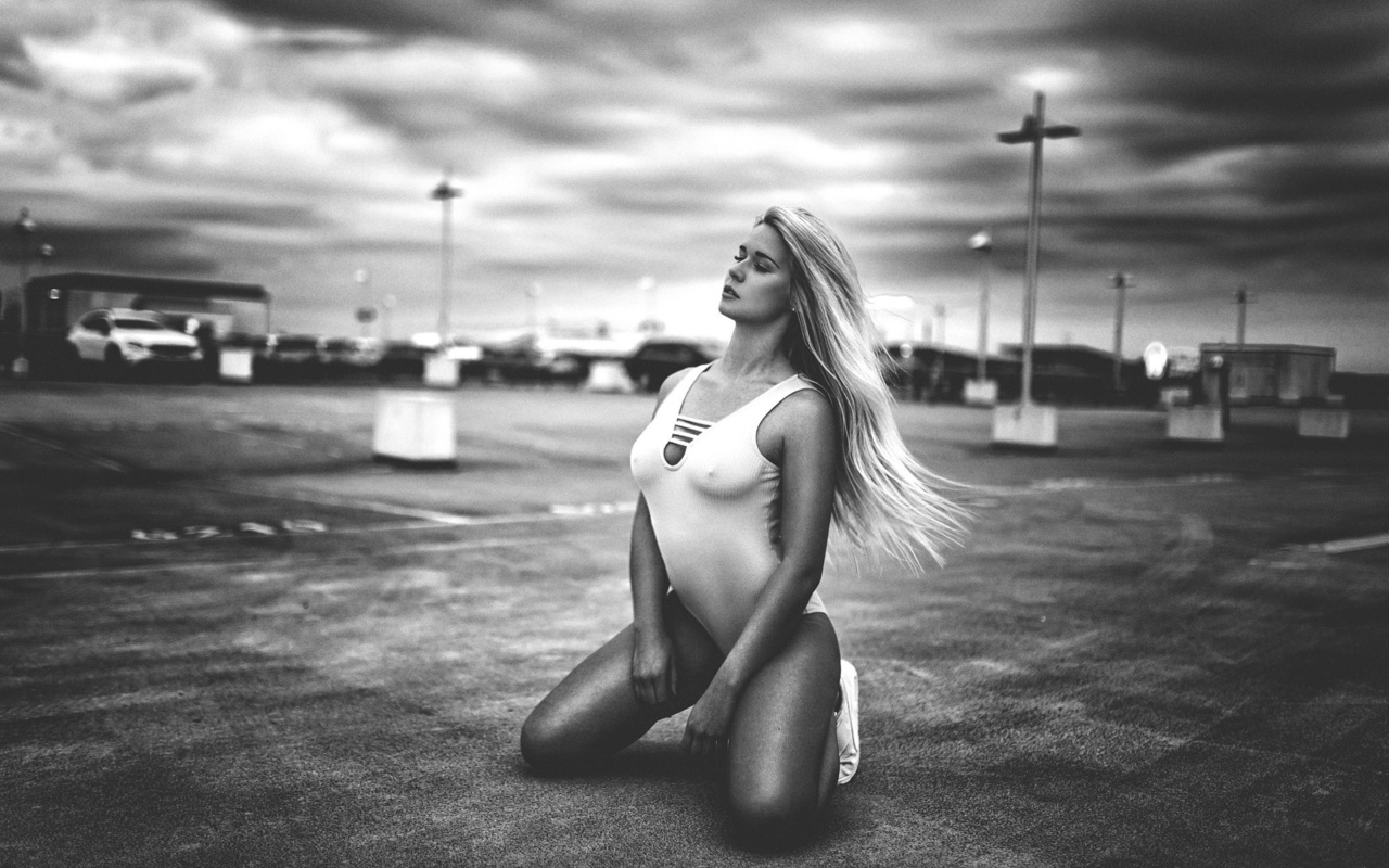 women, portrait, monochrome, kneeling, one-piece, nipple through clothing, cleavage, miro hofmann