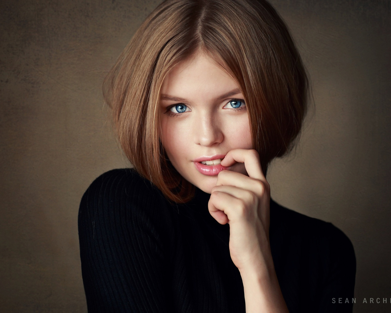 women, face, finger on lips, portrait, blue eyes, simple background, sean archer