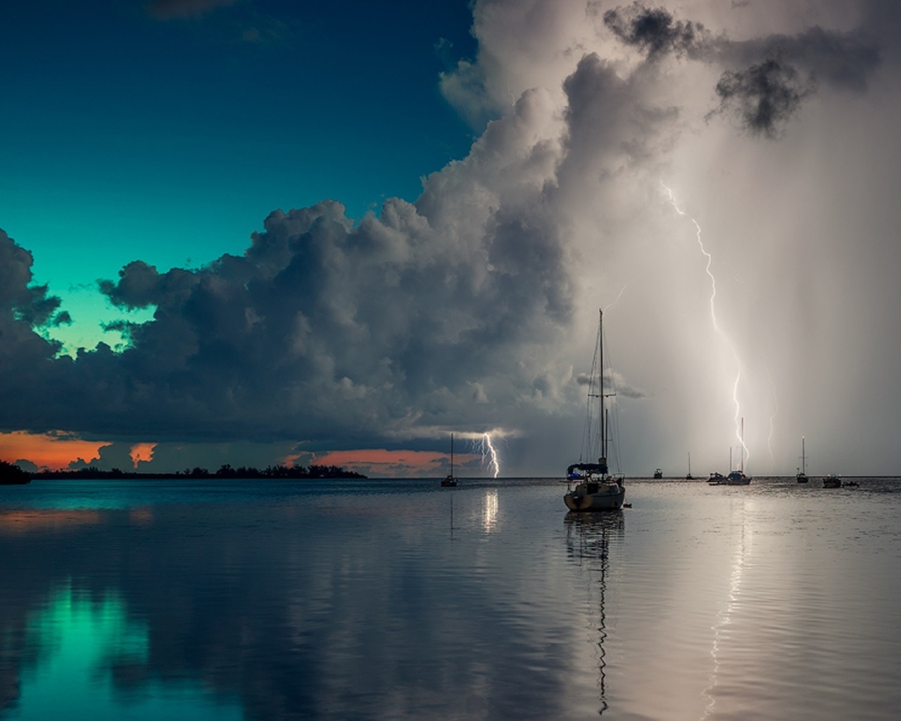 blue, boats, clouds, lightning, ocean, rain, red, reflection, sky, storm, summer, sunset, water, alexandr popovski