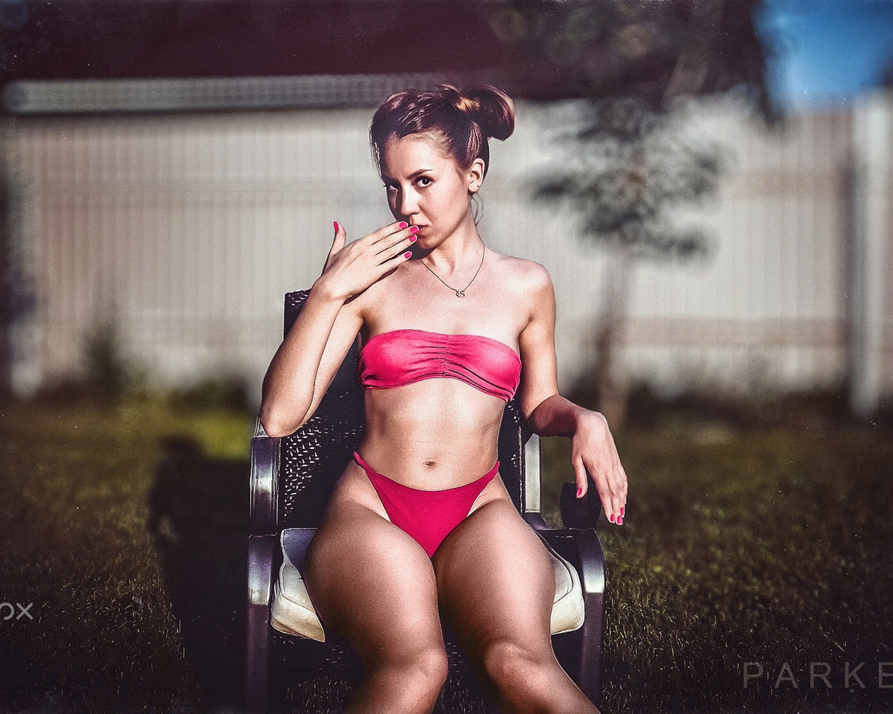 women, sitting, chair, tanned, swimwear, depth of field, portrait