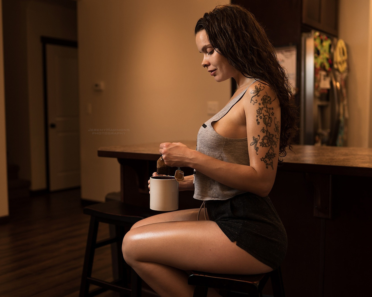 women, portrait, shorts, tanned, t-shirt, cup, tea, sitting, tattoo, nose rings, sideboob