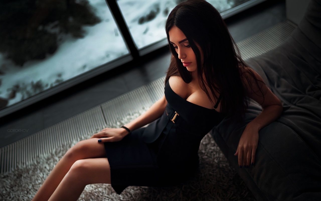 women, black dress, boobs, sitting, brunette, window, painted nails, ivan gorokhov