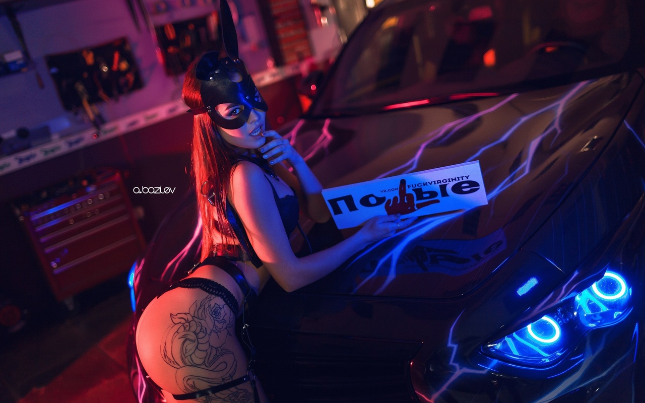 yulia shcherbakova, women, mask, car, brunette, neon, finger on lips, tattoo, black lingerie, alex bazilev, ass,  