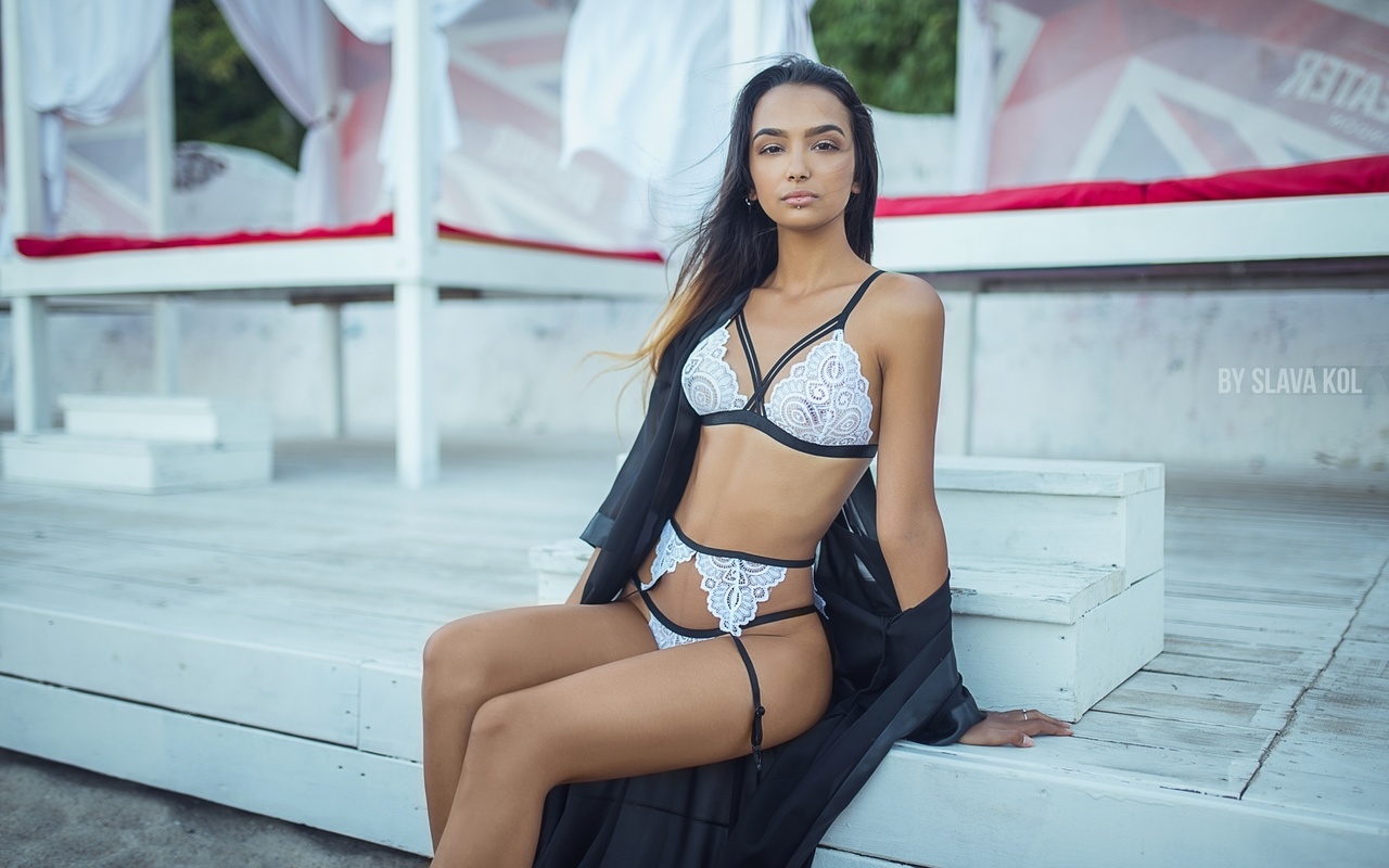 women, tanned, sitting, see-through clothing, white lingerie, belly, slava kol