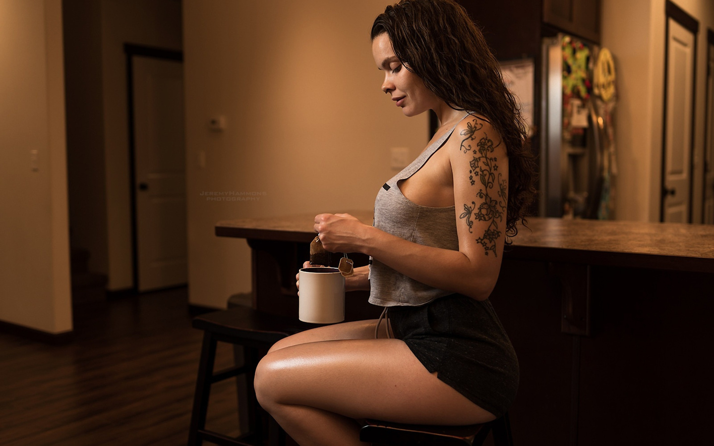 women, portrait, shorts, tanned, t-shirt, cup, tea, sitting, tattoo, nose rings, sideboob